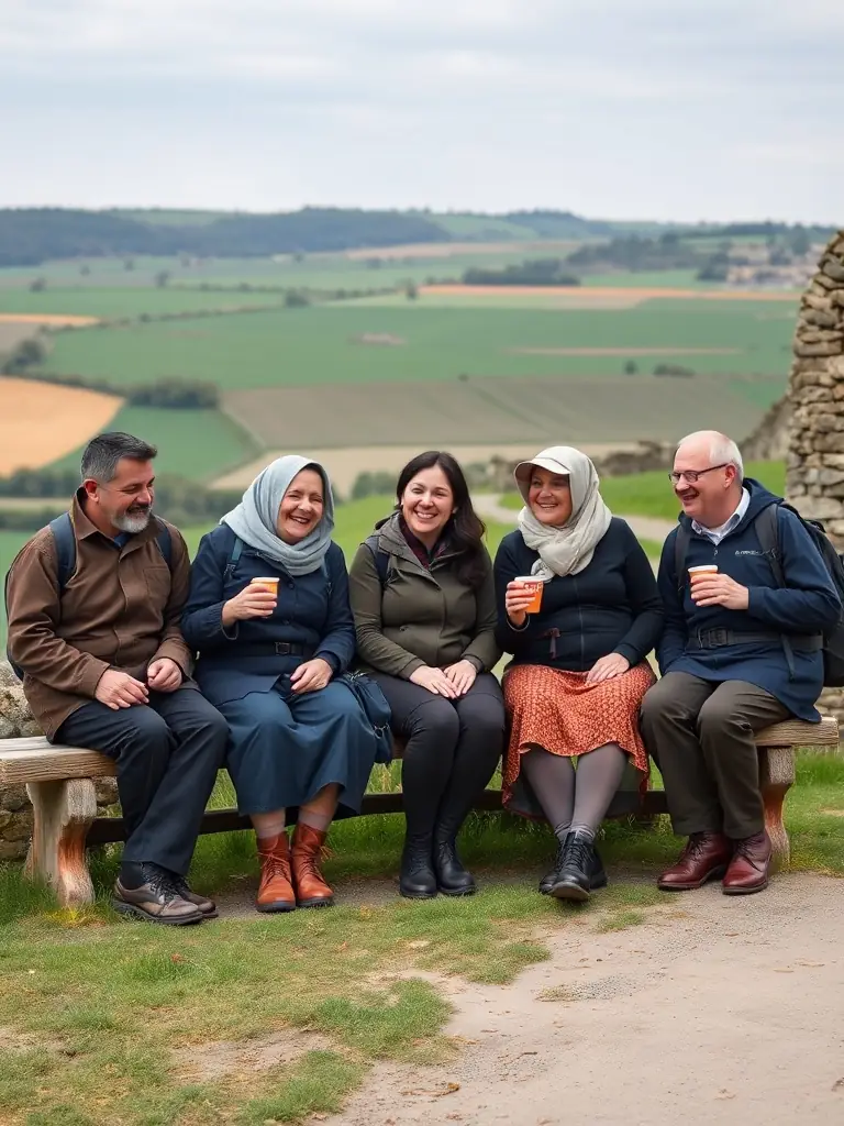 A group of pilgrims laughing and sharing stories during a break on the Tro-Breiz pilgrimage, with a focus on the camaraderie and shared experience.