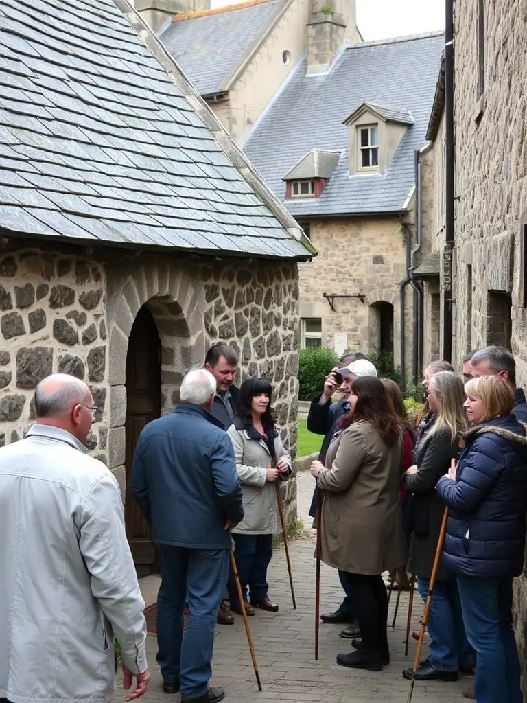 A photograph of participants gathered at a historical church in a small village in Brittany, with traditional architecture and a sense of community.