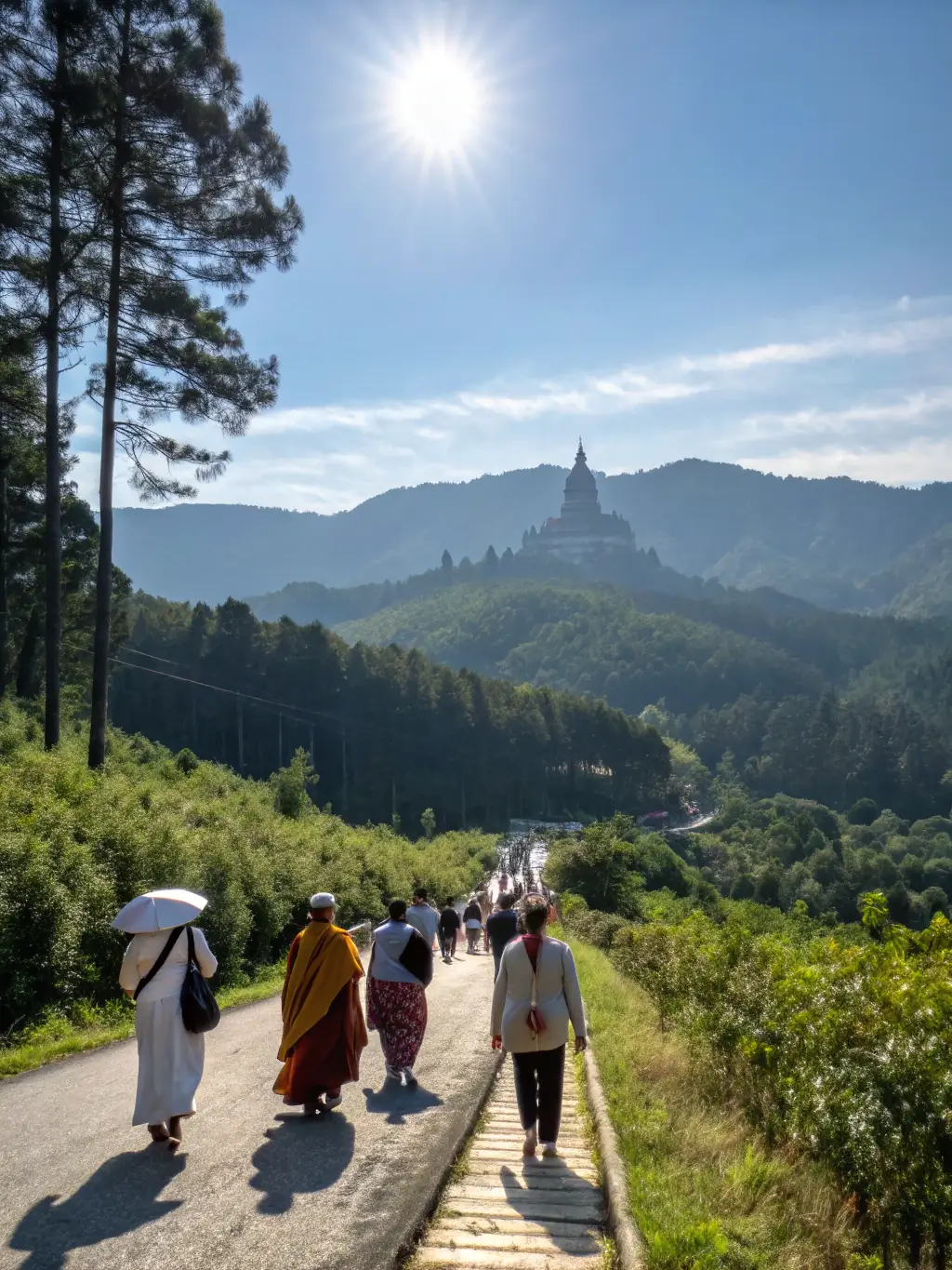 A photograph capturing a group of pilgrims walking along a scenic path in Brittany, France, during a Tro-Breiz pilgrimage. The image should convey a sense of community, spirituality, and connection with nature.