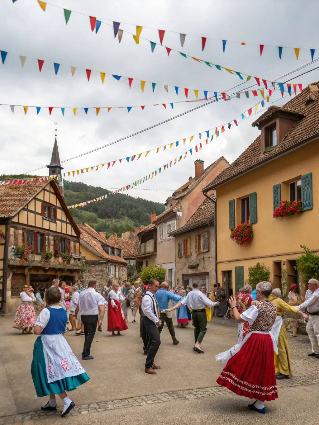 A photograph showcasing participants engaging in a traditional Breton dance during a cultural event organized by ASSOCIATION LES CHEMINS DU TRO BREIZ. The image should highlight the vibrant atmosphere and cultural richness of the event.