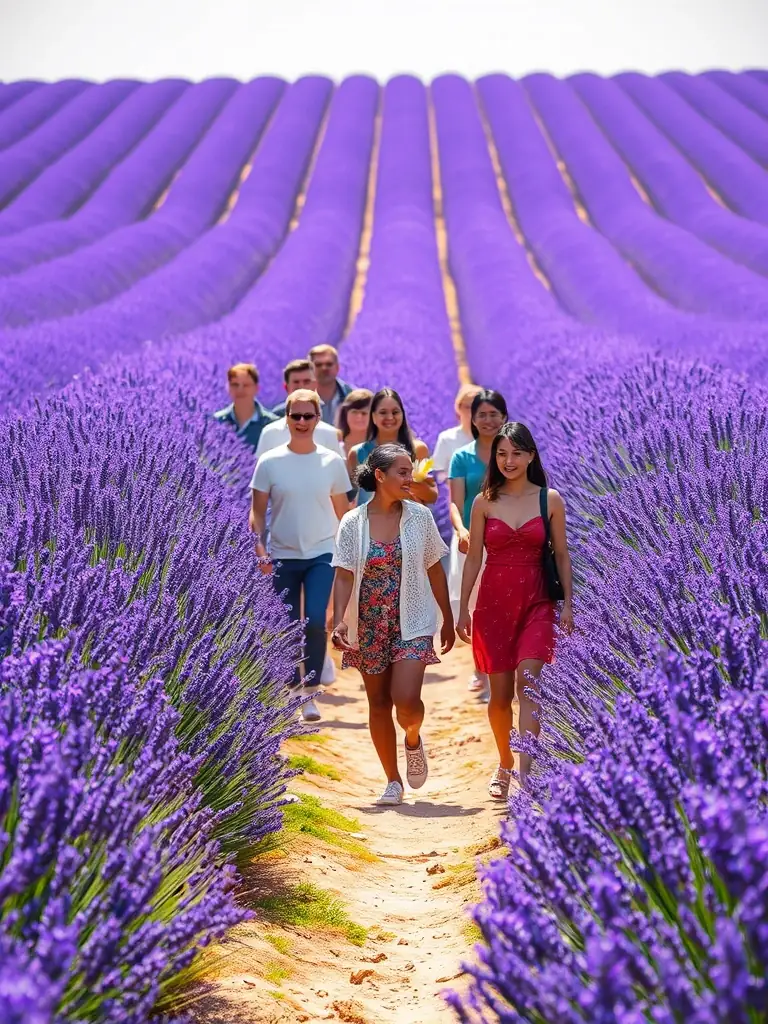 A photograph of a group of people walking through a field of wildflowers in Brittany, with traditional stone buildings in the distance and a sense of joy and camaraderie.