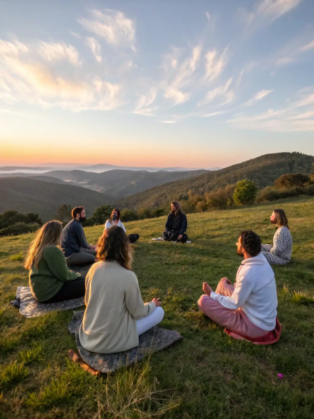 A photograph featuring a group of people participating in a guided meditation session amidst the serene landscapes of Brittany. The image should evoke a sense of tranquility, mindfulness, and spiritual connection.