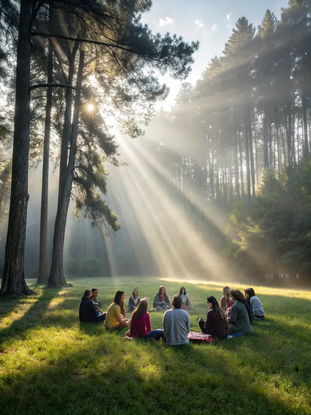 A serene image of a group meditating in a forest clearing during a spiritual walk, with sunlight filtering through the trees and creating a peaceful atmosphere.
