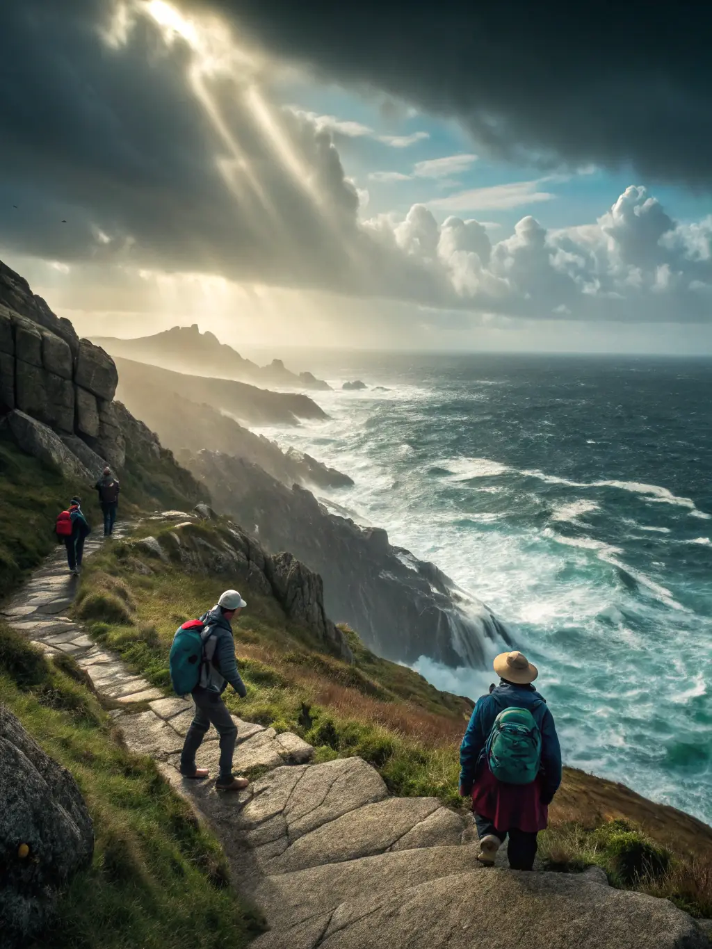 A group of pilgrims walking along a coastal path in Brittany, with the sea visible in the background and a clear blue sky above. The image should convey a sense of peace and spiritual journey.