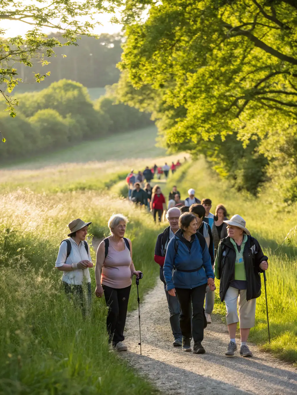 A group of walkers of varying ages and backgrounds participating in a guided walk organized by ASSOCIATION LES CHEMINS DU TRO BREIZ, emphasizing inclusivity and accessibility.